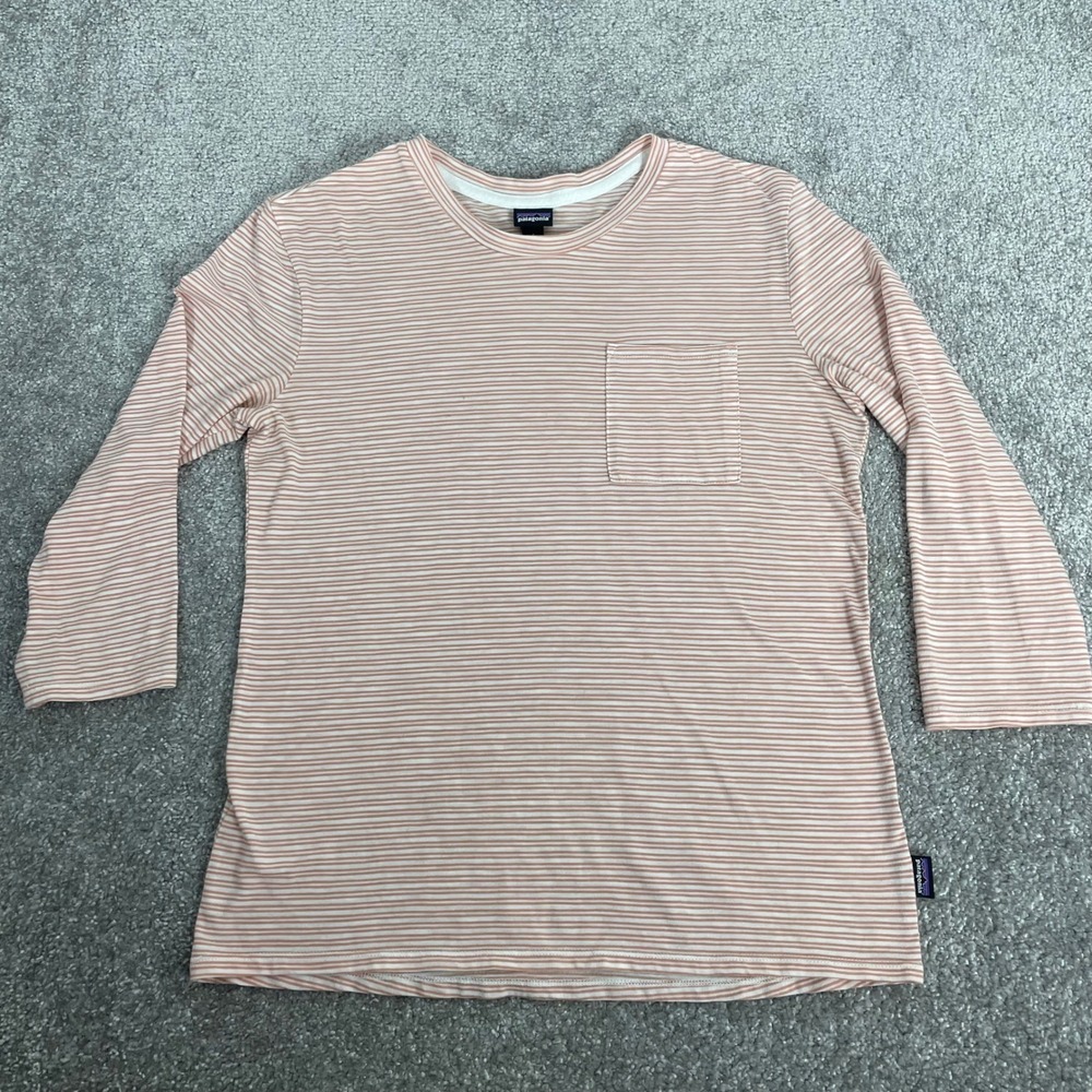 Patagonia‎ T Shirt Womens Small Striped 3/4 Sleeves Pocket Peach White